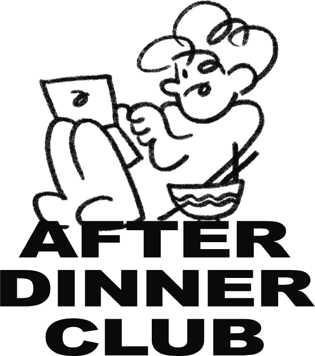 AFTER DINNER CLUB — 노트북 앞에서 저녁을 먹는 곱슬머리 캐릭터